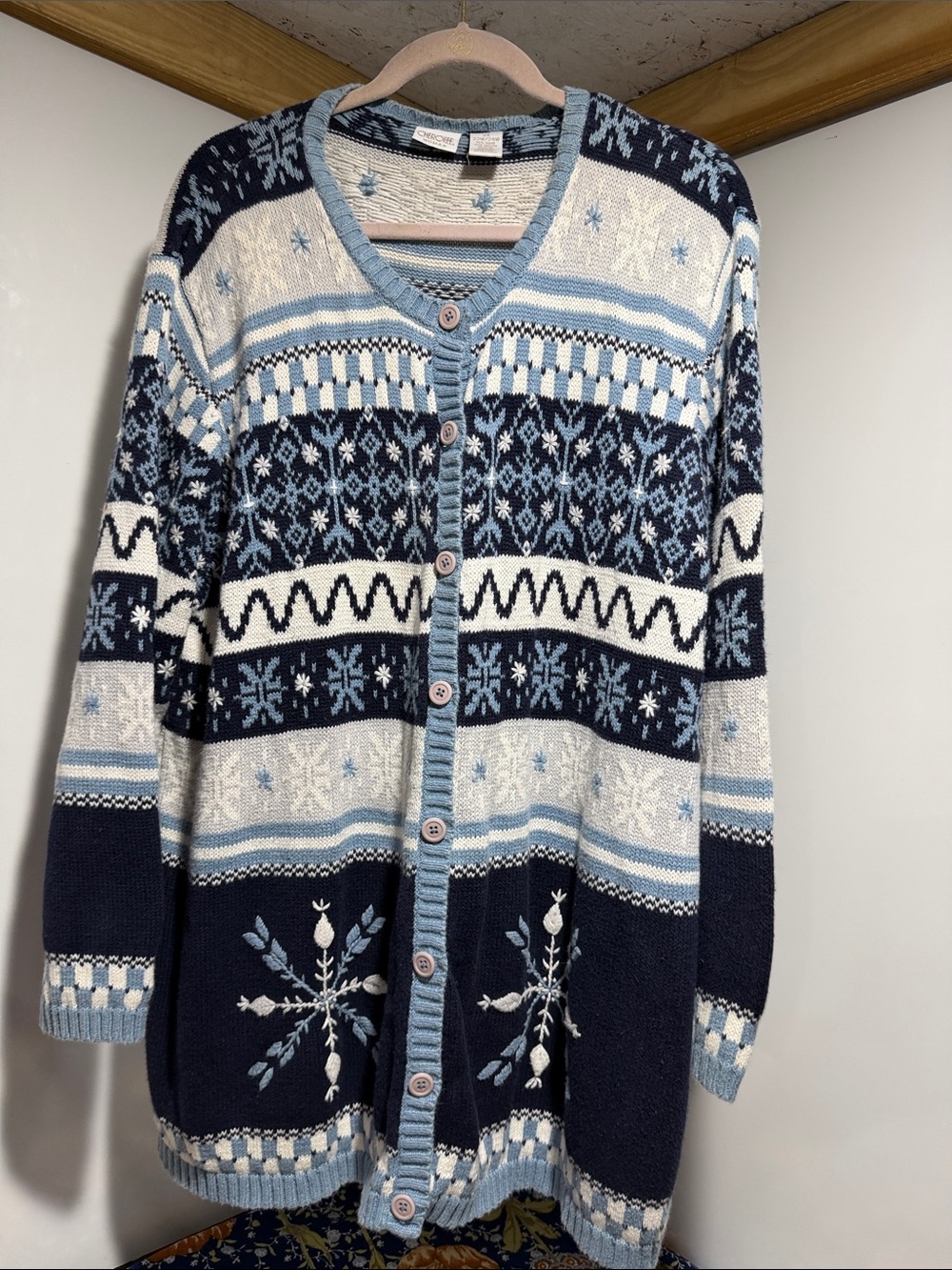 VTG Cherokee Blue Fair Isle Snowflake Knit Cardigan Sweater Women's 2X
